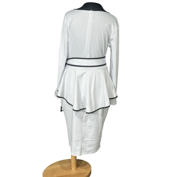 White Long-Sleeve Peplum Midi Dress With Black Trim & Keyhole Neckline - Picture 6 of 9